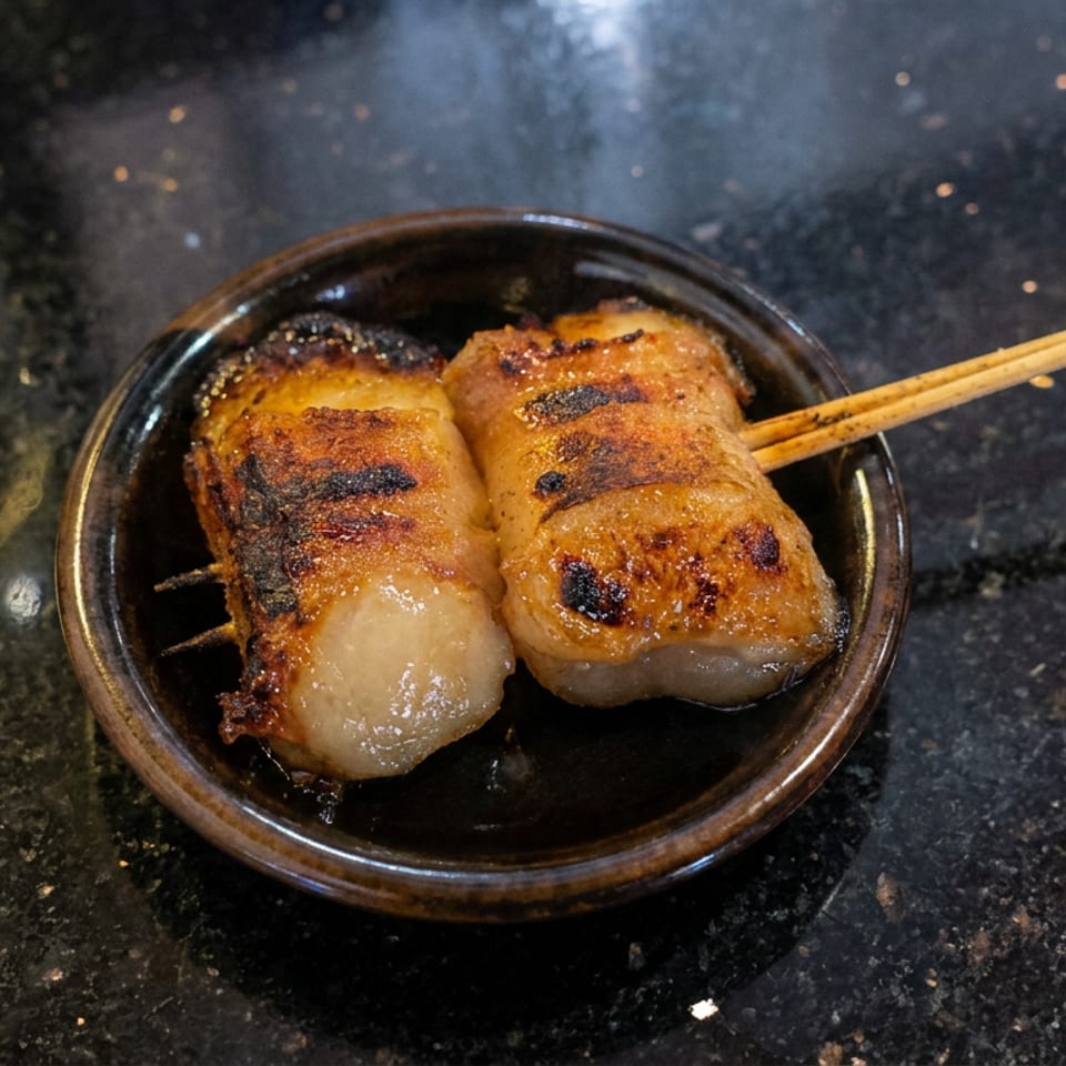 Two skewers of grilled, glazed meat with charred marks served on a dark ceramic plate atop a black countertop.
