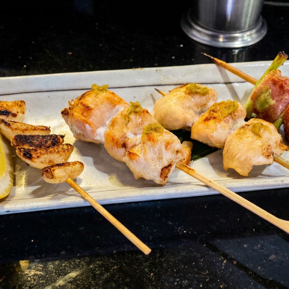 Grilled chicken and bacon-wrapped skewers with charred vegetables and lemon wedge on a rectangular plate.