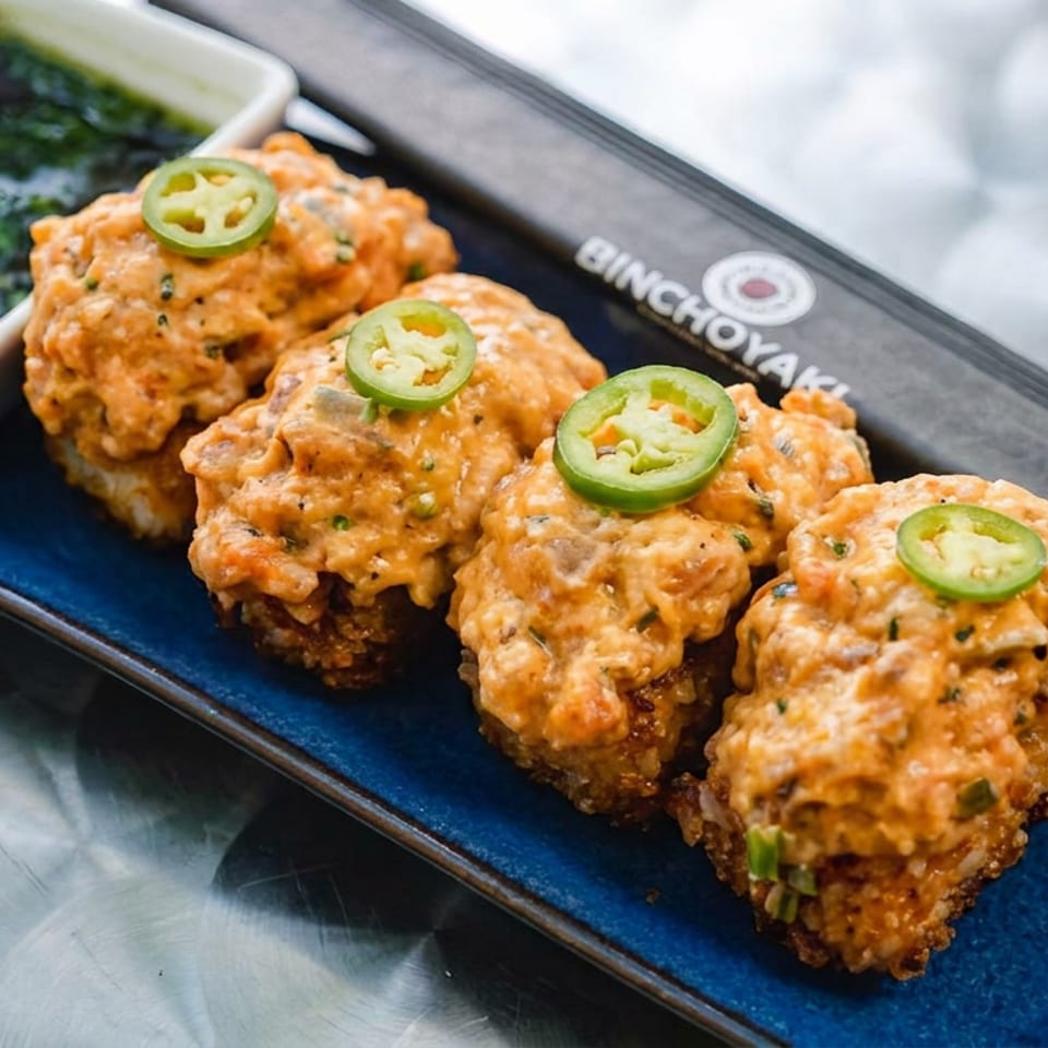 Four crispy orange-fried bites topped with jalapeño slices, served with green dipping sauce on a blue rectangular plate.