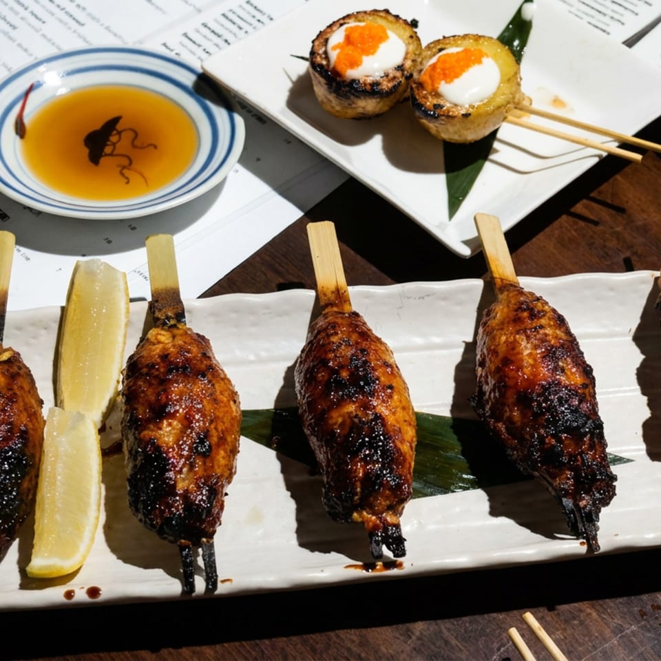 Assorted grilled Japanese skewers on a white platter with lemon, dipping sauce, menu, and egg-topped skewers in the background.