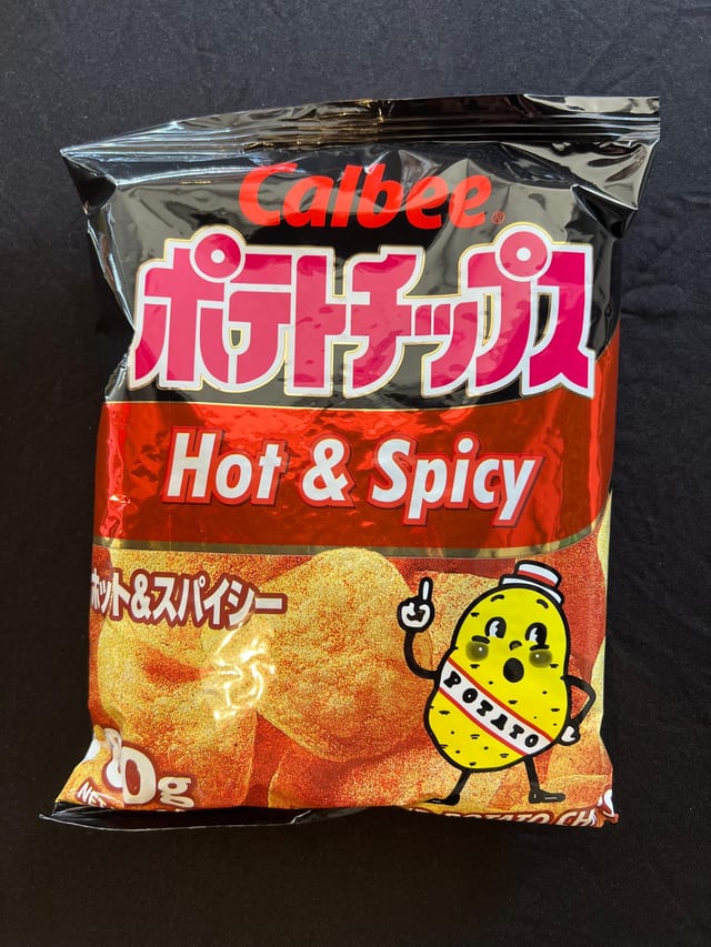 Calbee Potato Chips Hot & Spicy.