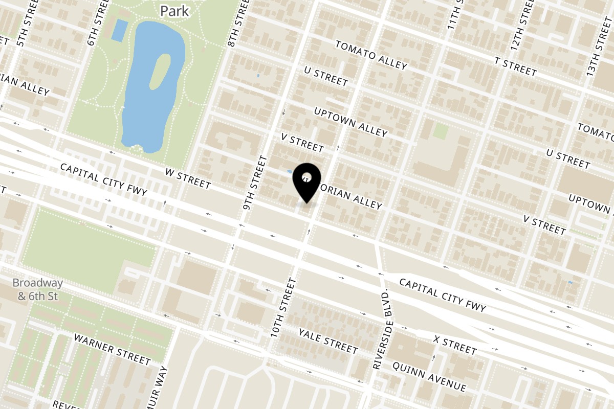 Map showing the location of Binchoyaki on 2226 10th St in Sacramento